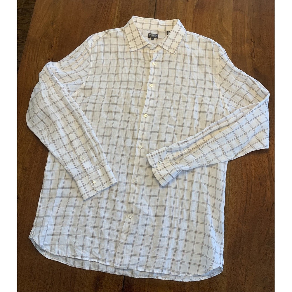 Faherty Reserve Linen Shirt Mens XL White Brown Plaid Long Sleeve Button Up $228